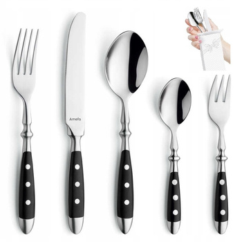 Amefa sztućce Country Vintage zestaw 30 sztuk dla 6 osób obiadowe czarne retro z widelczykami do ciasta bez niklu 18/0