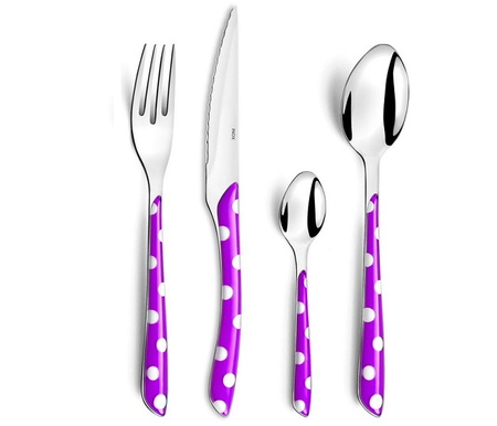 Sztućce Amefa Eclat Pois 24 elementy zestaw dla 6 osób nowoczesne fioletowe w kropki obiadowe śniadaniowe do kolacji bez niklu