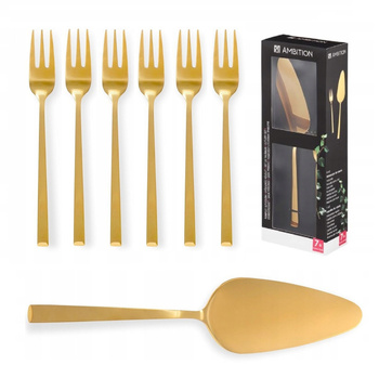 Sztućce Ambition Como Gold zestaw 7 sztuk komplet złote widelczyki 6 do ciasta tortu 1 łopatka do ciasta deserów dla 6 osób