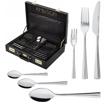 Sztućce Ambition Siena zestaw 72 sztuki dla 12 osób komplet 48 obiadowe deserowe 12 widelczyki do ciasta i łyżeczki do kawy sztućce w walizce