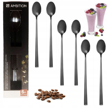 Sztućce Ambition Como Black zestaw 6 sztuk czarne długie łyżeczki do kawy latte herbaty lodów deserów kaktajli dla 6 osób do zmywarki